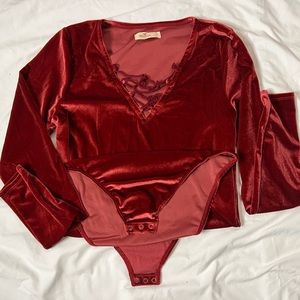 Red Hollister velvet body suit with lace up detail